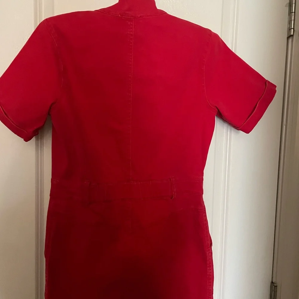 Red Short Sleeve Denim Jumpsuit Boiler Suit - Picture 9 of 11